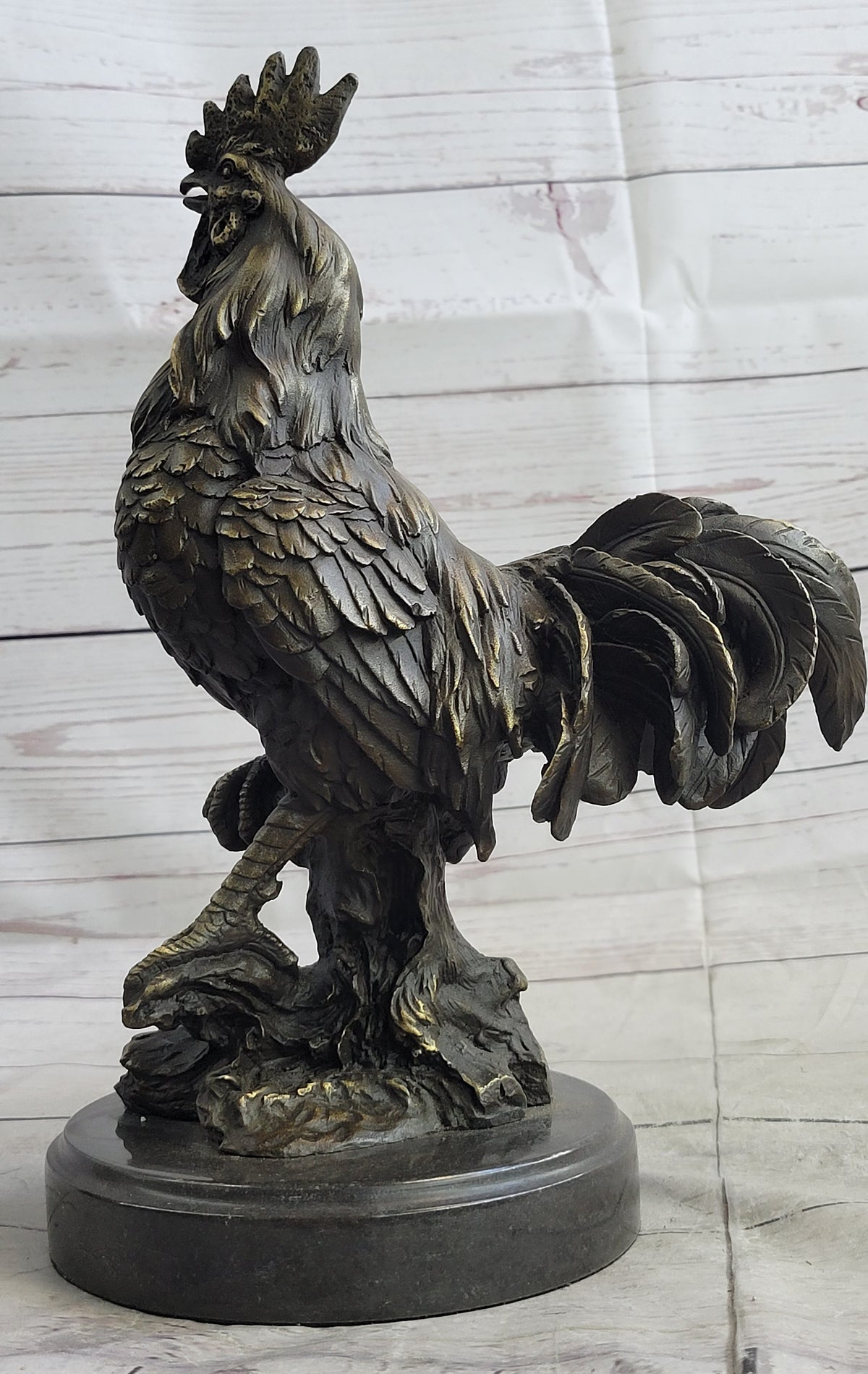 Rooster Chicken Farm Bronze Sculpture on Marble Base Signed