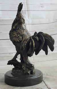 Rooster Chicken Farm Bronze Sculpture on Marble Base Signed