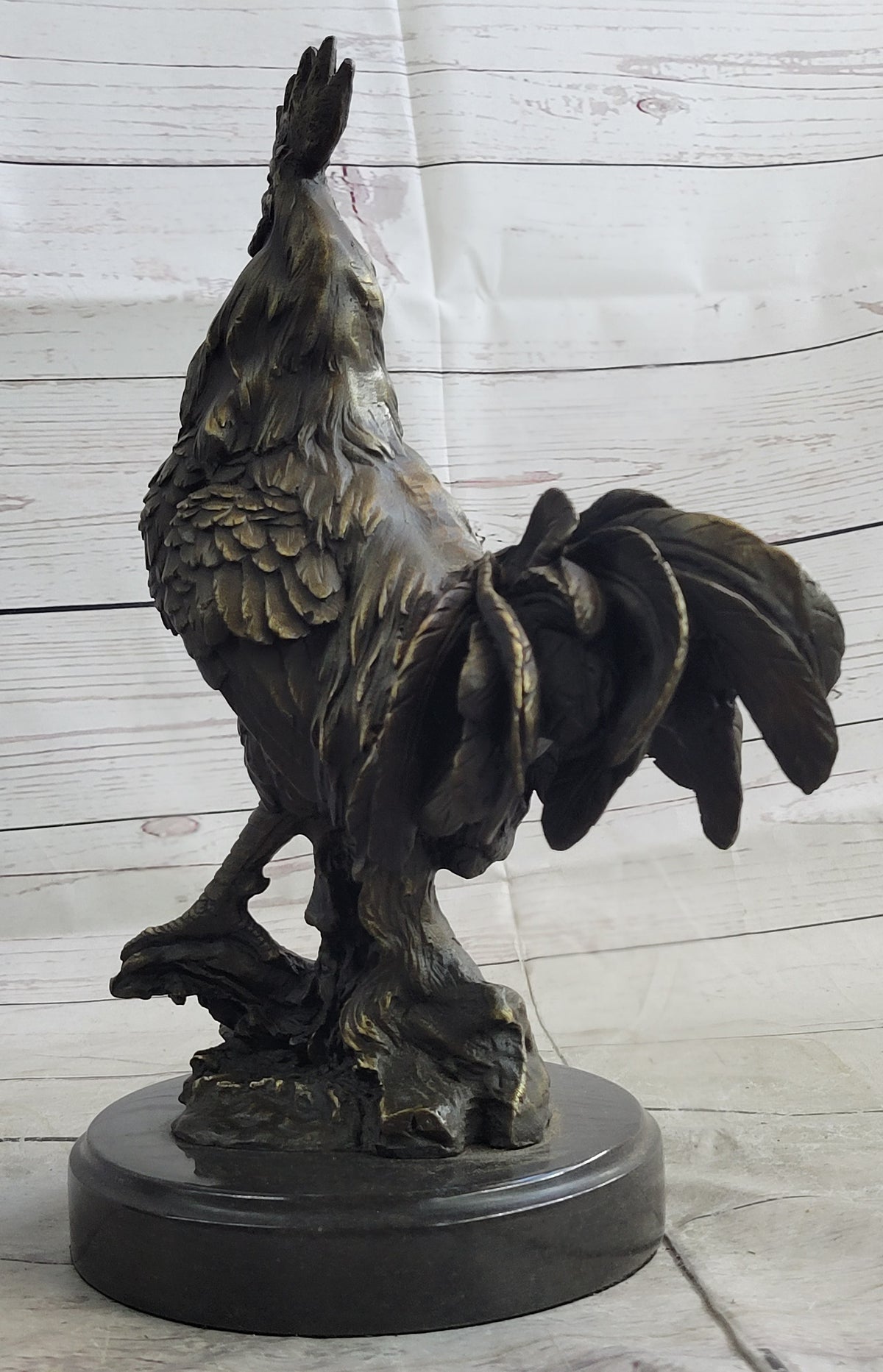 Rooster Chicken Farm Bronze Sculpture on Marble Base Signed
