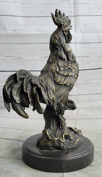 Rooster Chicken Farm Bronze Sculpture on Marble Base Signed