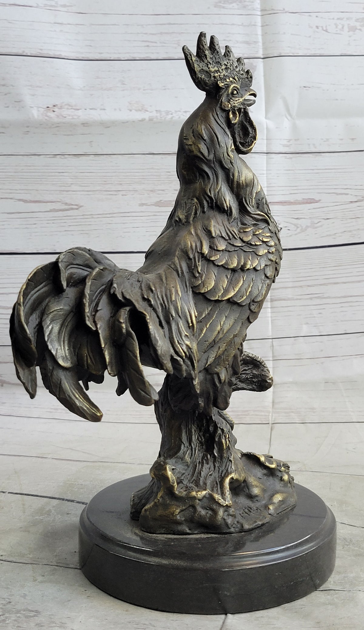 Rooster Chicken Farm Bronze Sculpture on Marble Base Signed