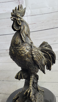 Rooster Chicken Farm Bronze Sculpture on Marble Base Signed