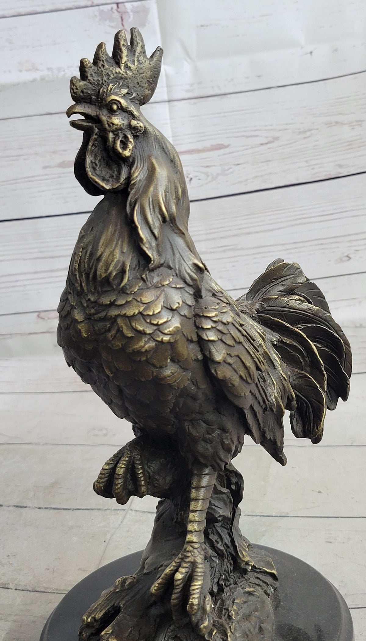 Rooster Chicken Farm Bronze Sculpture on Marble Base Signed