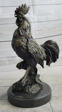 Rooster Chicken Farm Bronze Sculpture on Marble Base Signed