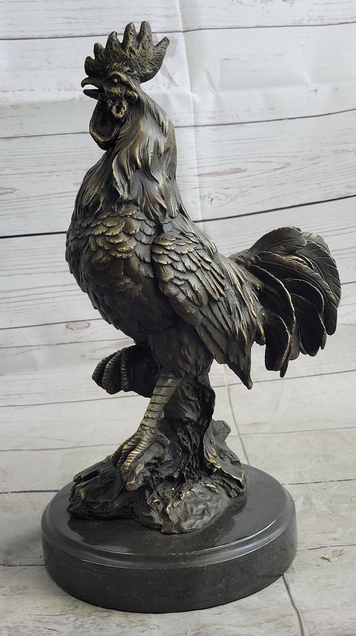 Rooster Chicken Farm Bronze Sculpture on Marble Base Signed