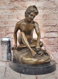 Bronze Boy Playing with Turtle on Marble Base by Carpeaux