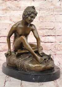 Bronze Boy Playing with Turtle on Marble Base by Carpeaux