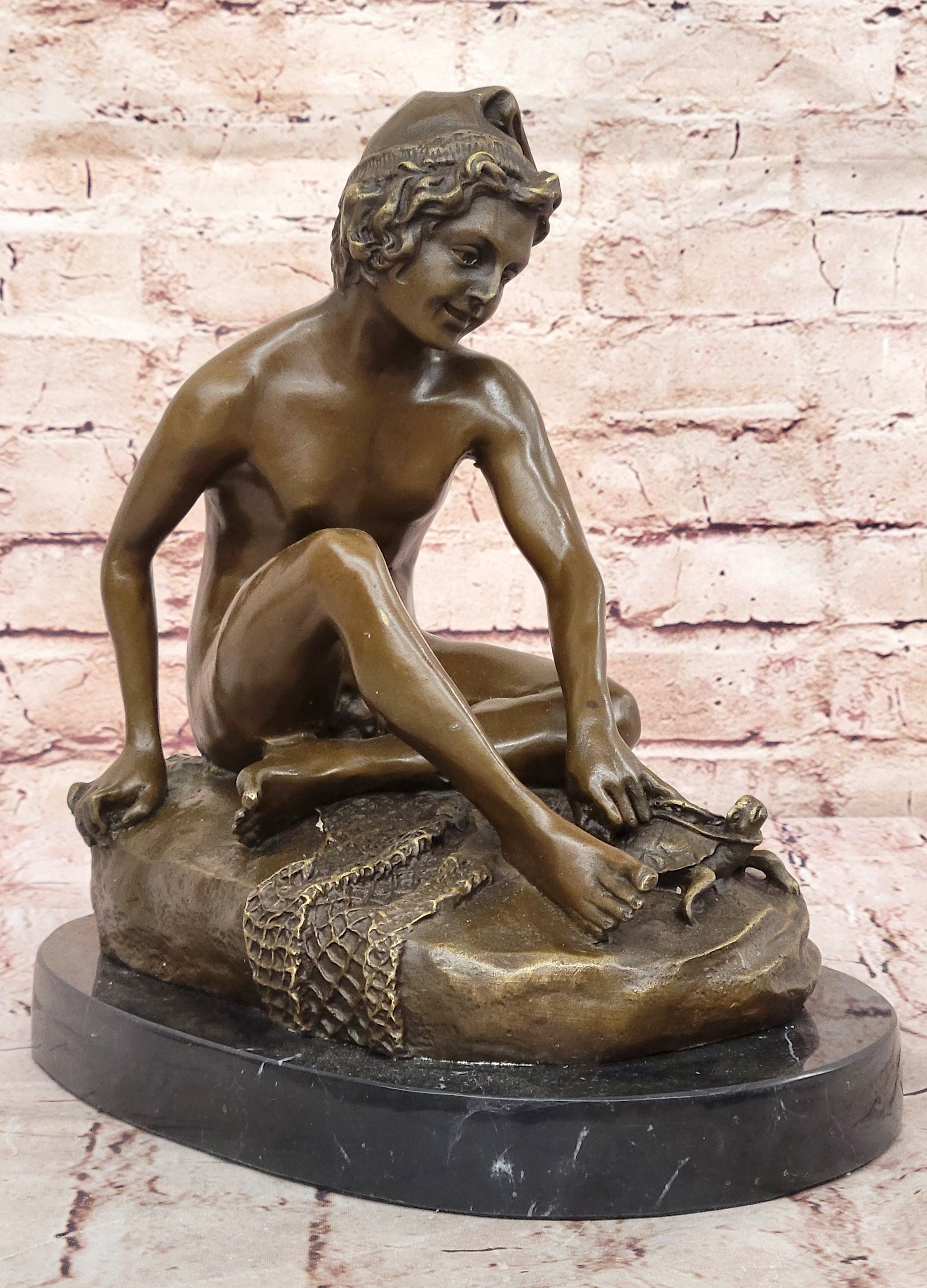 Bronze Boy Playing with Turtle on Marble Base by Carpeaux