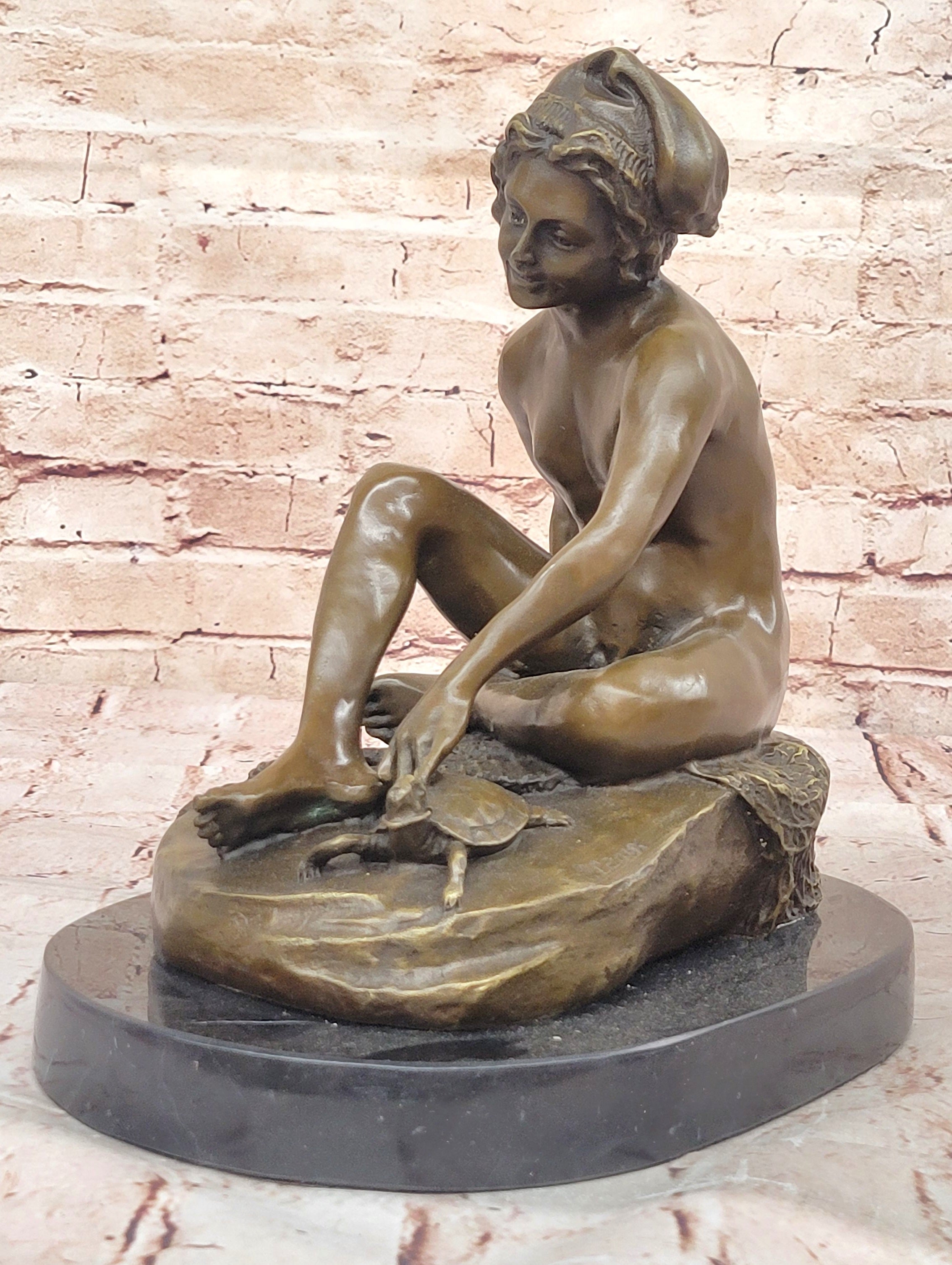 Bronze Boy Playing with Turtle on Marble Base by Carpeaux