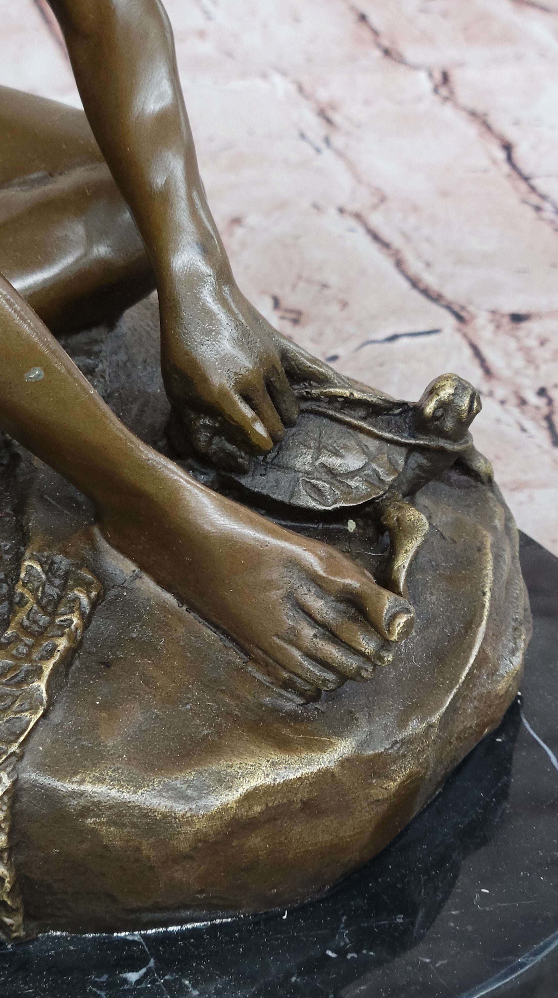 Bronze Boy Playing with Turtle on Marble Base by Carpeaux