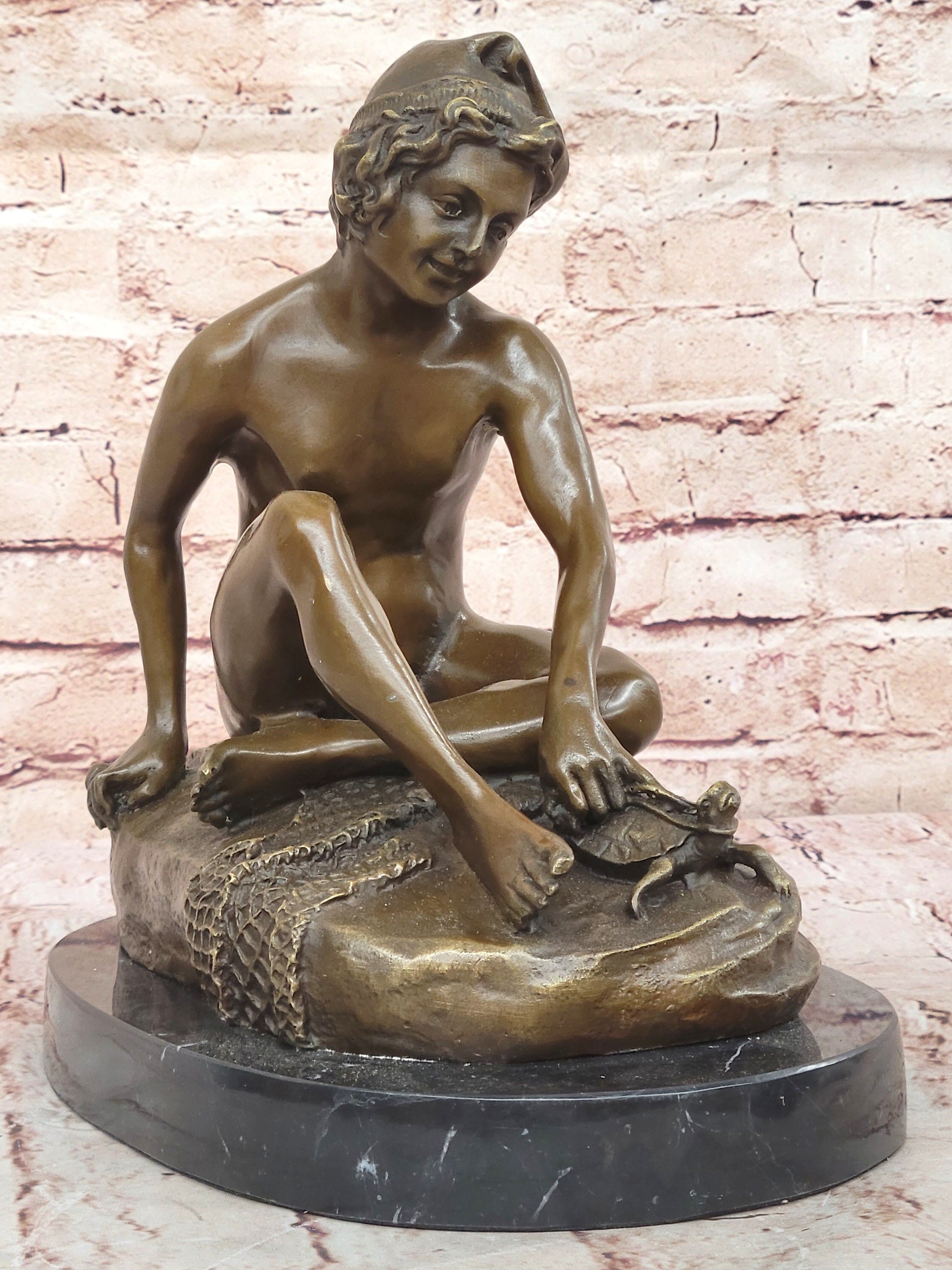 Bronze Boy Playing with Turtle on Marble Base by Carpeaux