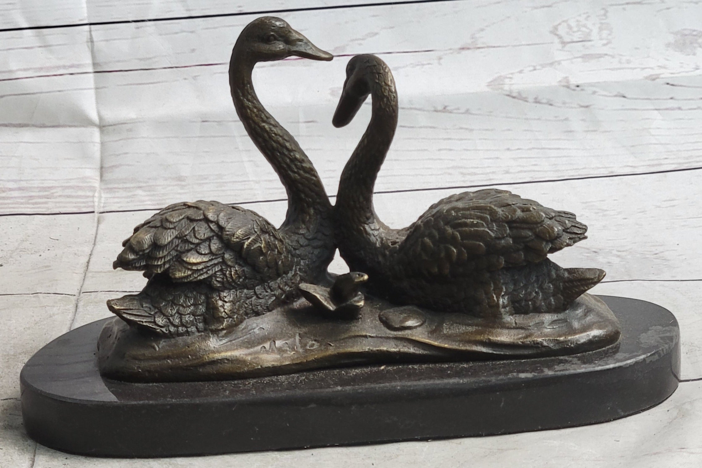 Pair of Swans Romantic Love Bronze Sculpture Signed Milo
