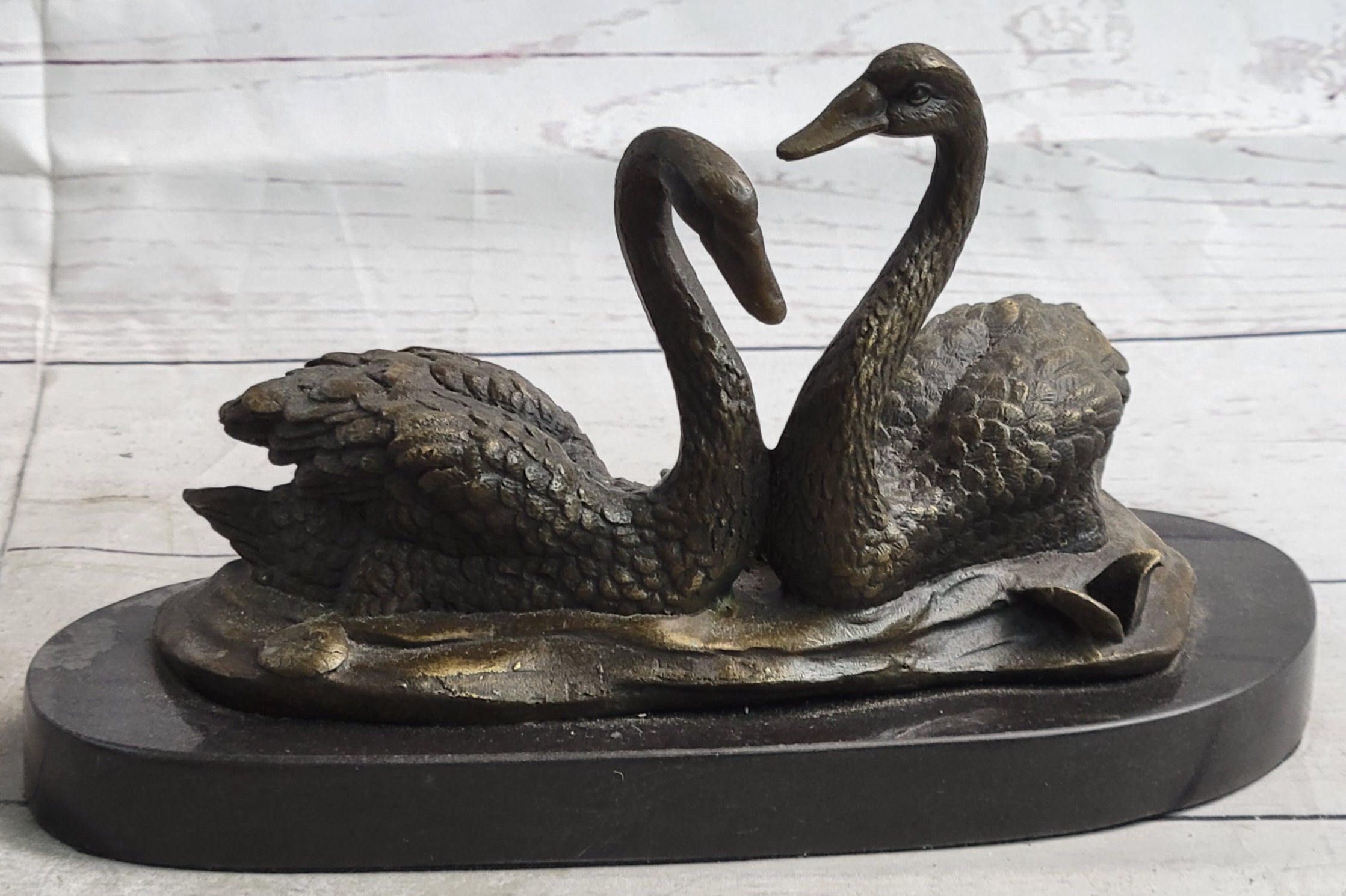 Pair of Swans Romantic Love Bronze Sculpture Signed Milo