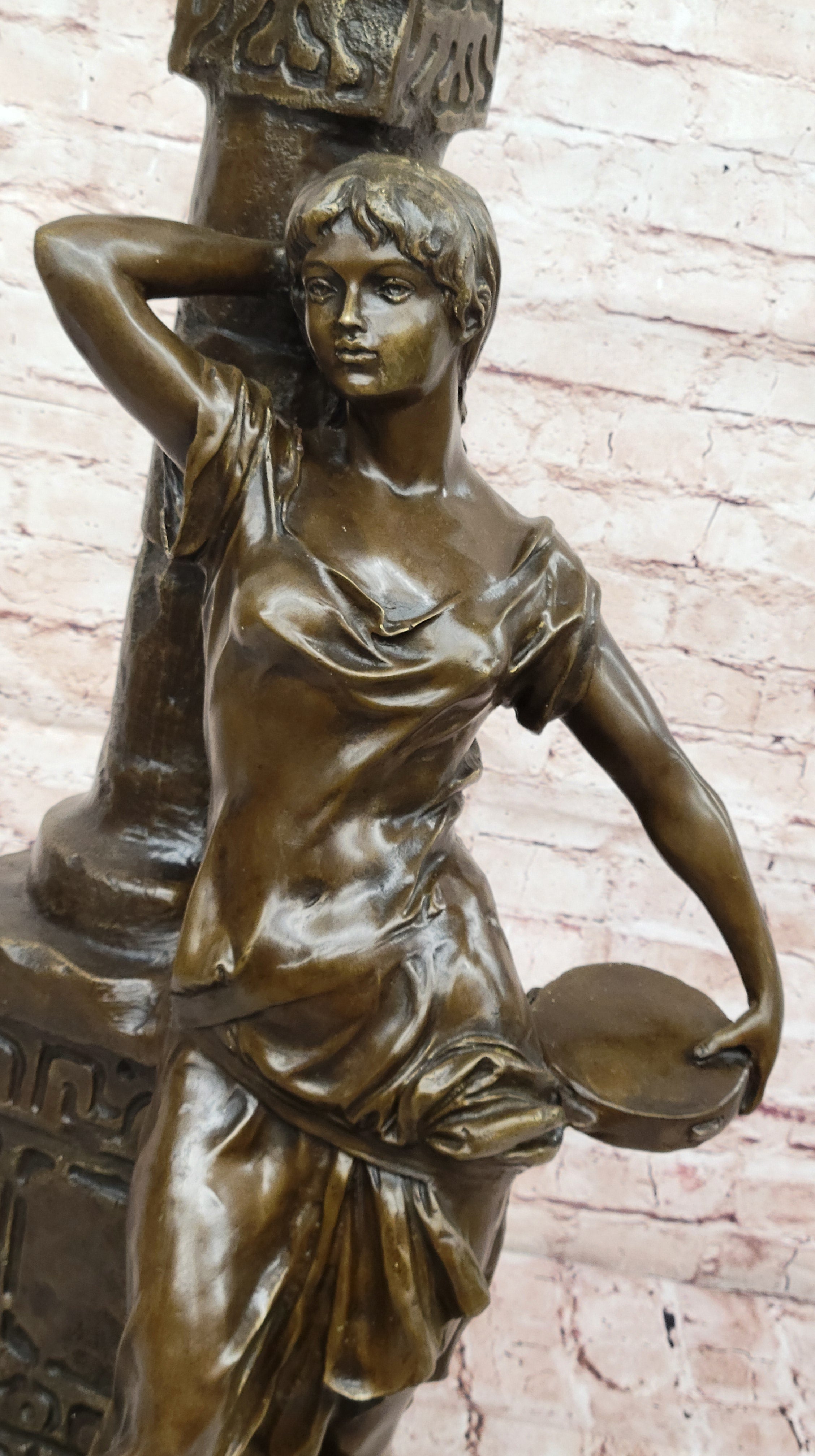 Bronze Classical Woman Sculpture – Lady Leaning on Column