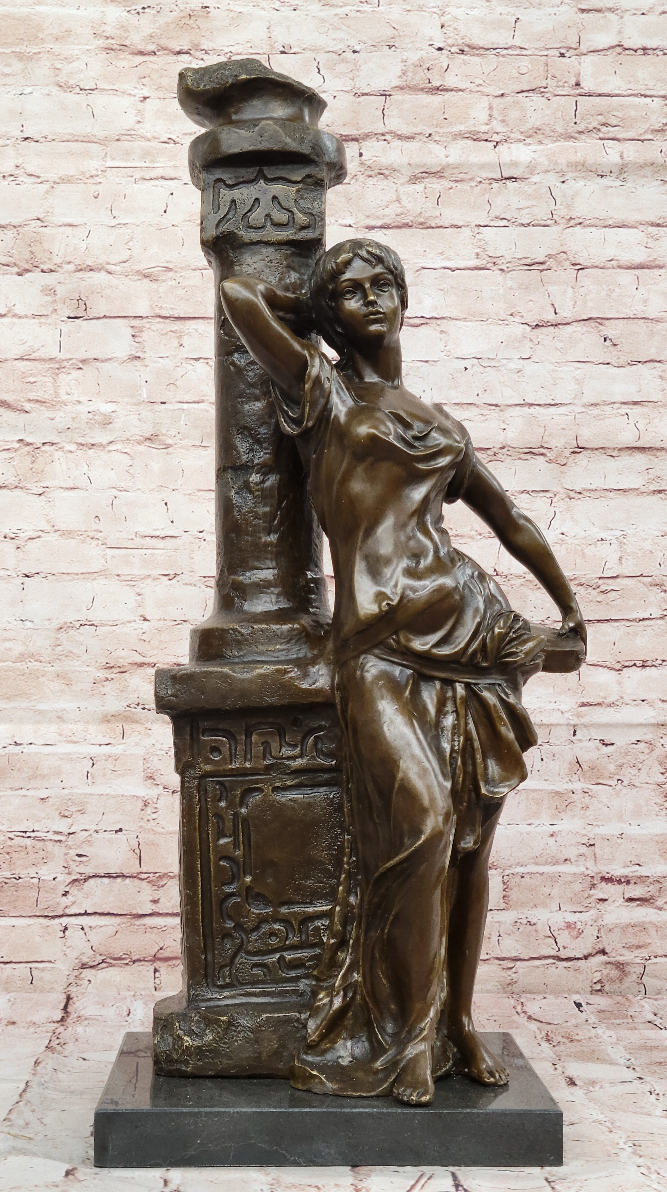 Bronze Classical Woman Sculpture – Lady Leaning on Column