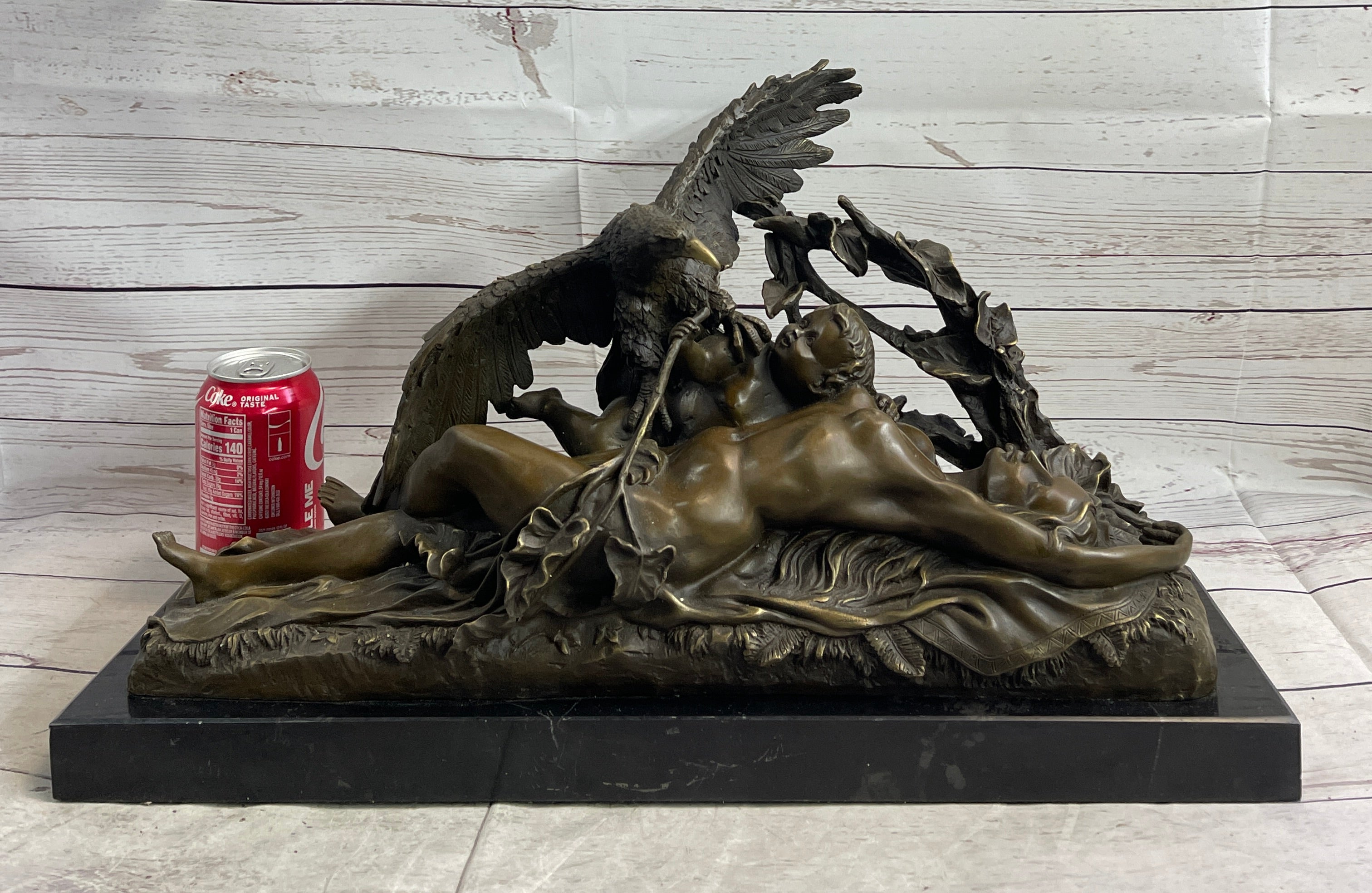 Nude Woman with Baby & Eagle Bird Bronze Sculpture Statue Decor Signed Truffot on Marble Base