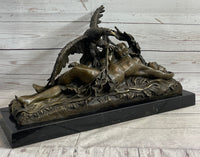 Nude Woman with Baby & Eagle Bird Bronze Sculpture Statue Decor Signed Truffot on Marble Base