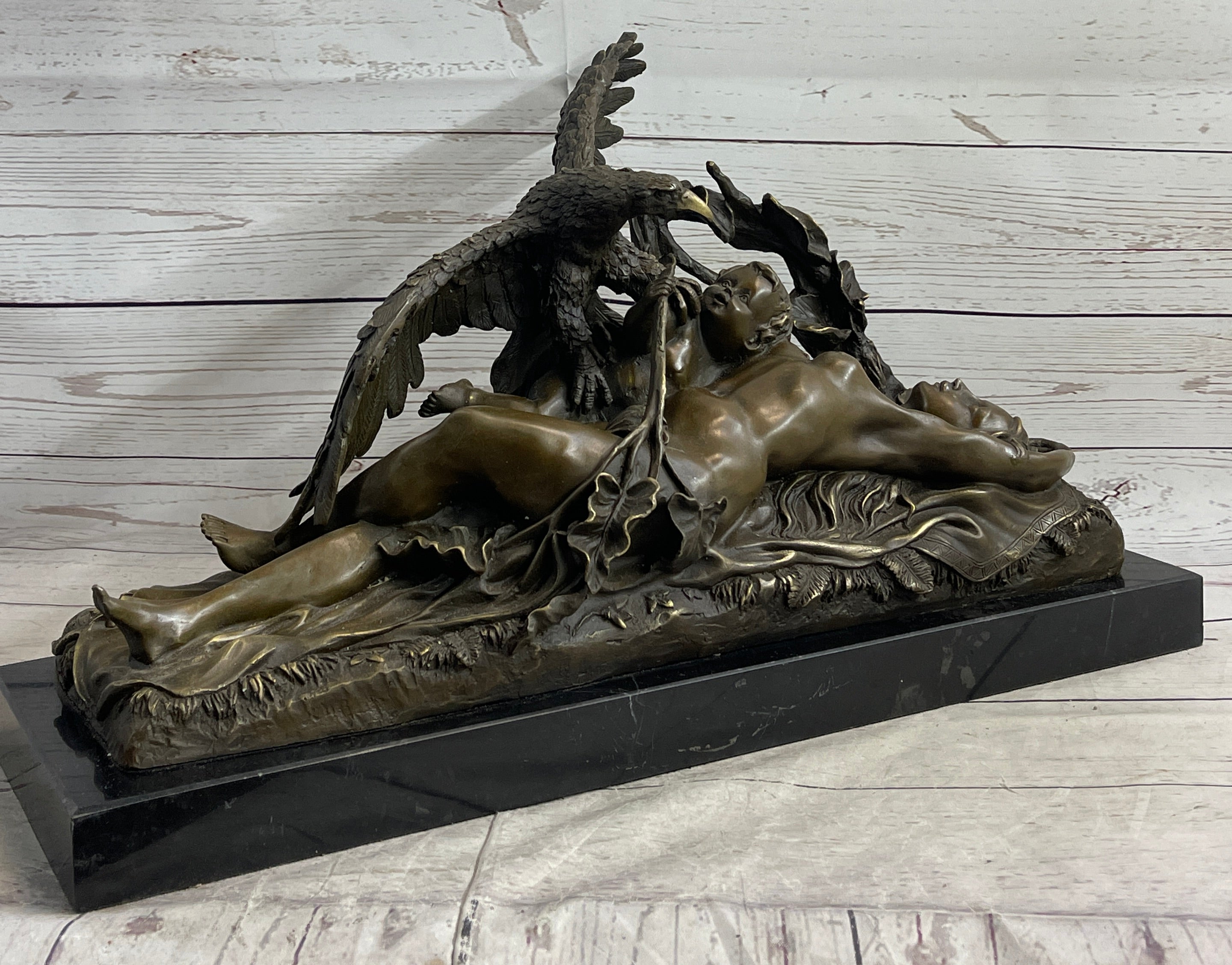 Nude Woman with Baby & Eagle Bird Bronze Sculpture Statue Decor Signed Truffot on Marble Base