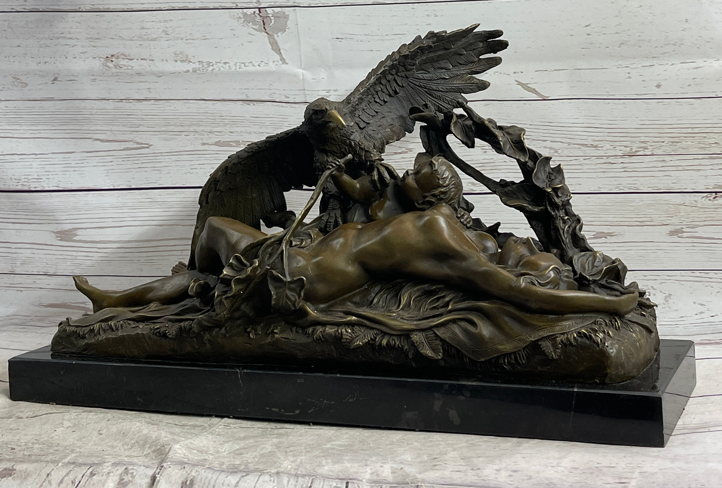 Nude Woman with Baby & Eagle Bird Bronze Sculpture Statue Decor Signed Truffot on Marble Base