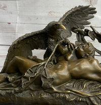 Nude Woman with Baby & Eagle Bird Bronze Sculpture Statue Decor Signed Truffot on Marble Base