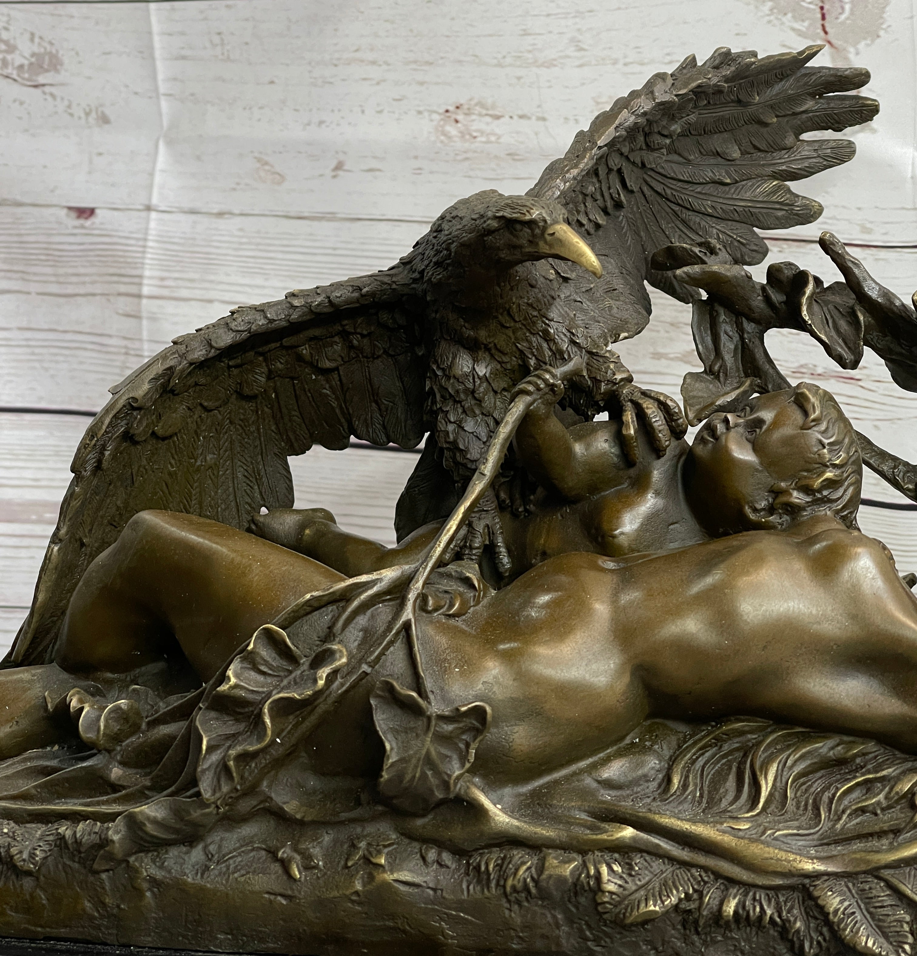 Nude Woman with Baby & Eagle Bird Bronze Sculpture Statue Decor Signed Truffot on Marble Base