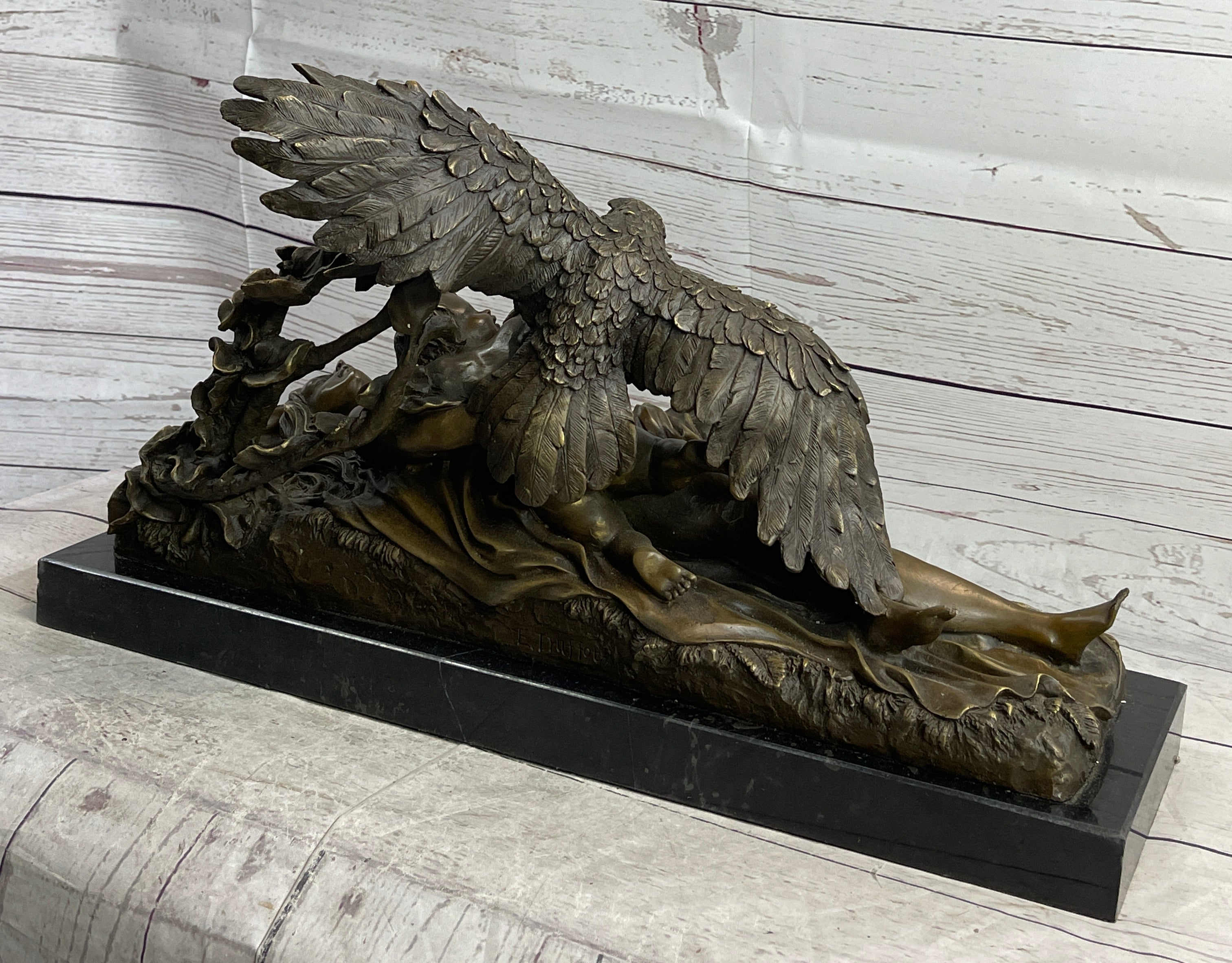 Nude Woman with Baby & Eagle Bird Bronze Sculpture Statue Decor Signed Truffot on Marble Base