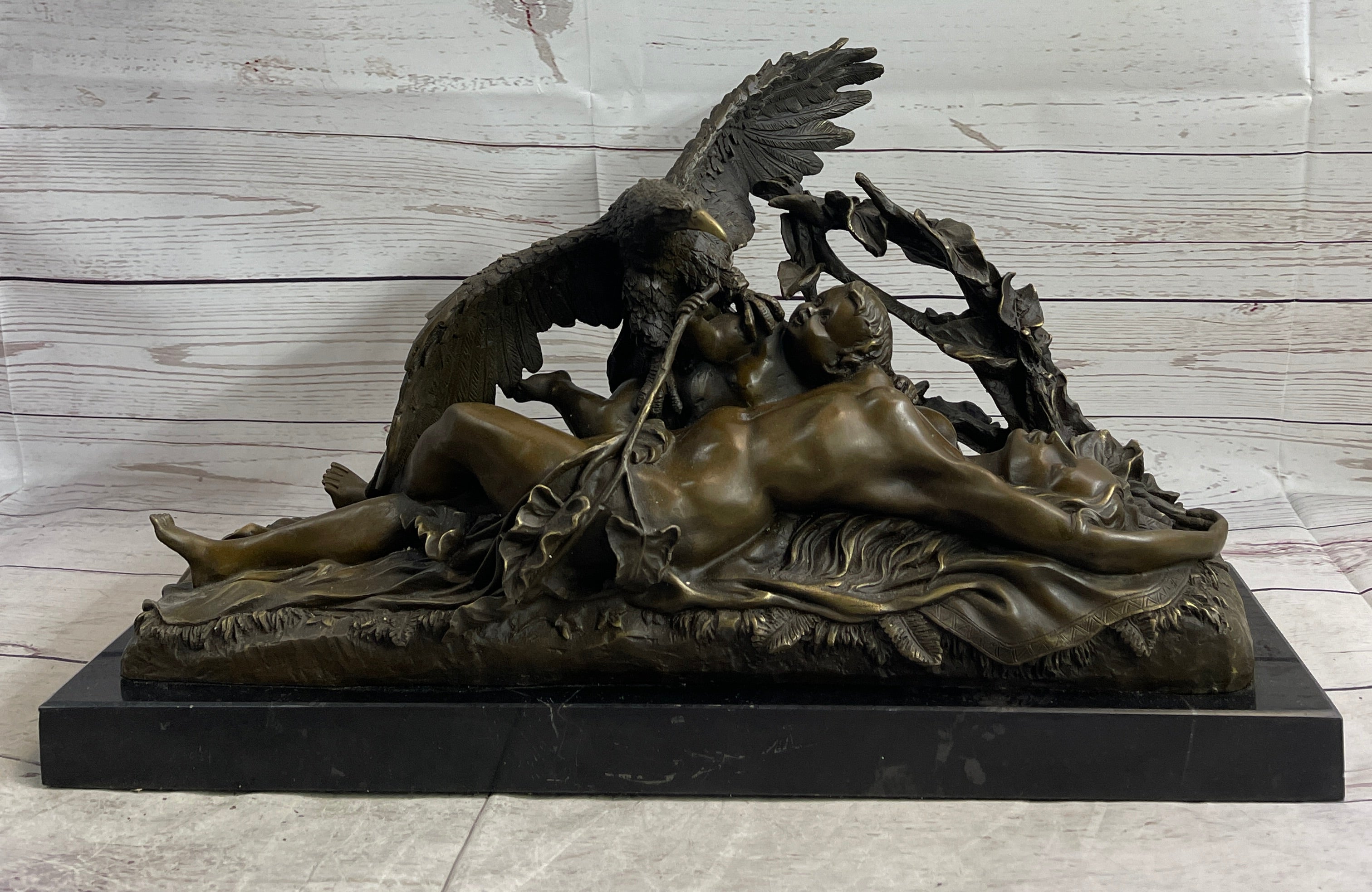 Nude Woman with Baby & Eagle Bird Bronze Sculpture Statue Decor Signed Truffot on Marble Base