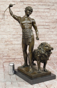 Bronze Gladiator with Lion - Roman Warrior on Base