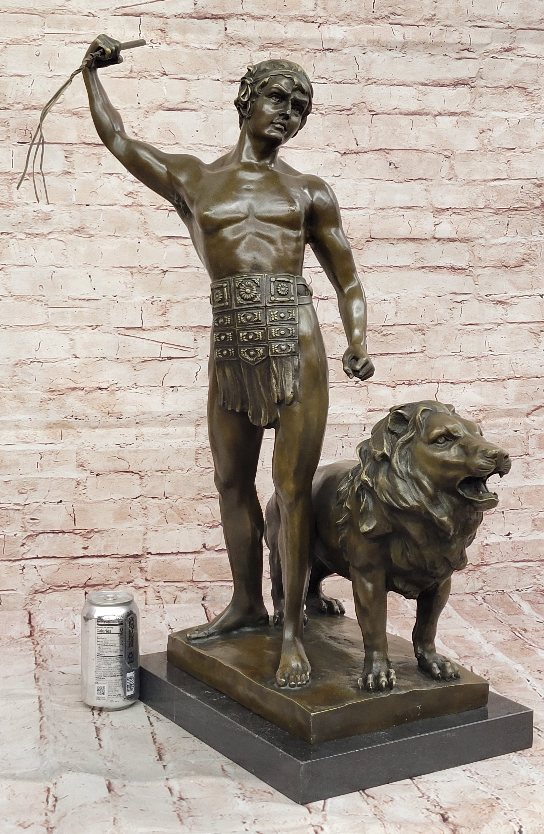 Bronze Gladiator with Lion - Roman Warrior on Base