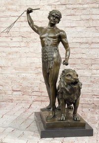 Bronze Gladiator with Lion - Roman Warrior on Base