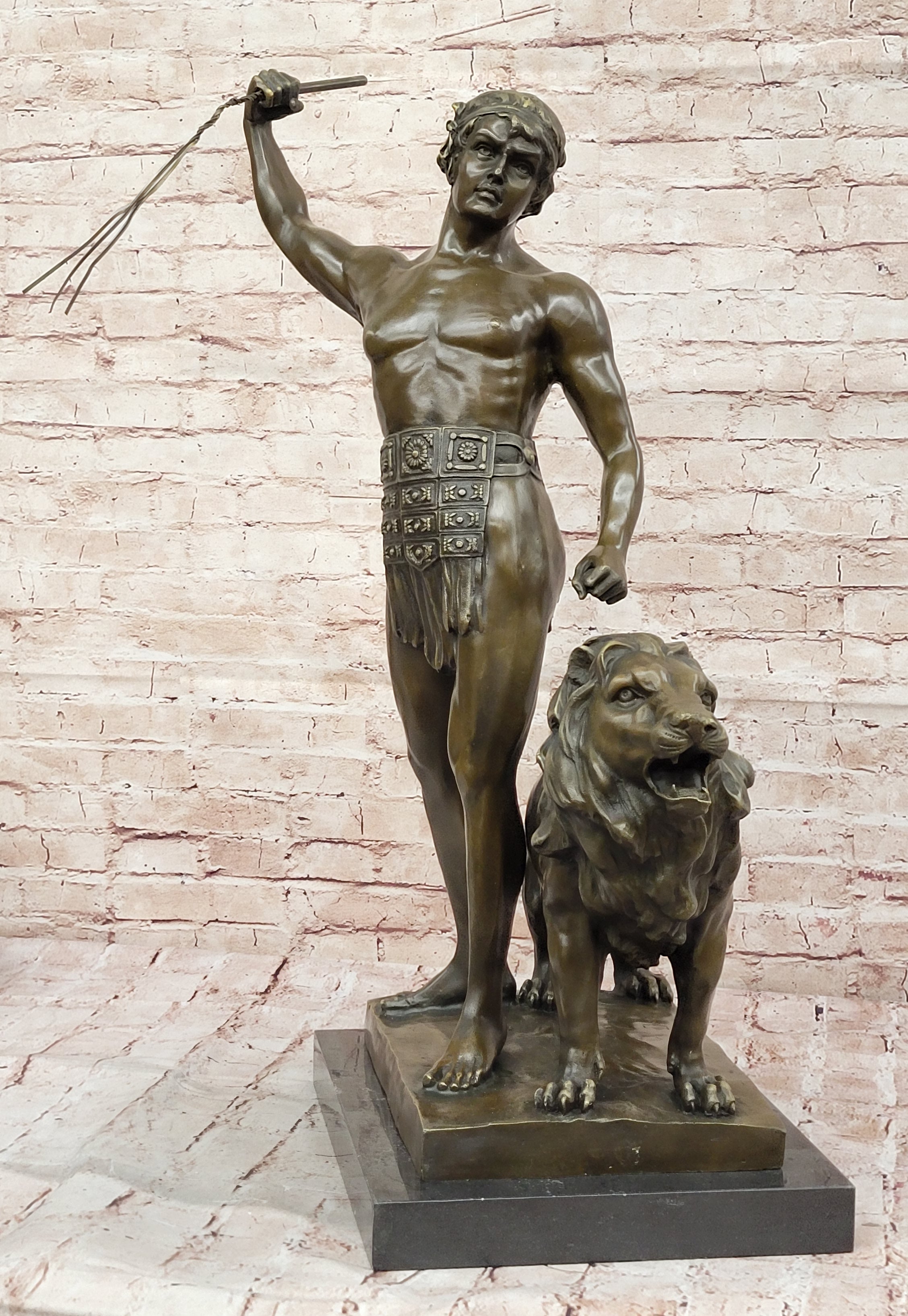 Bronze Gladiator with Lion - Roman Warrior on Base