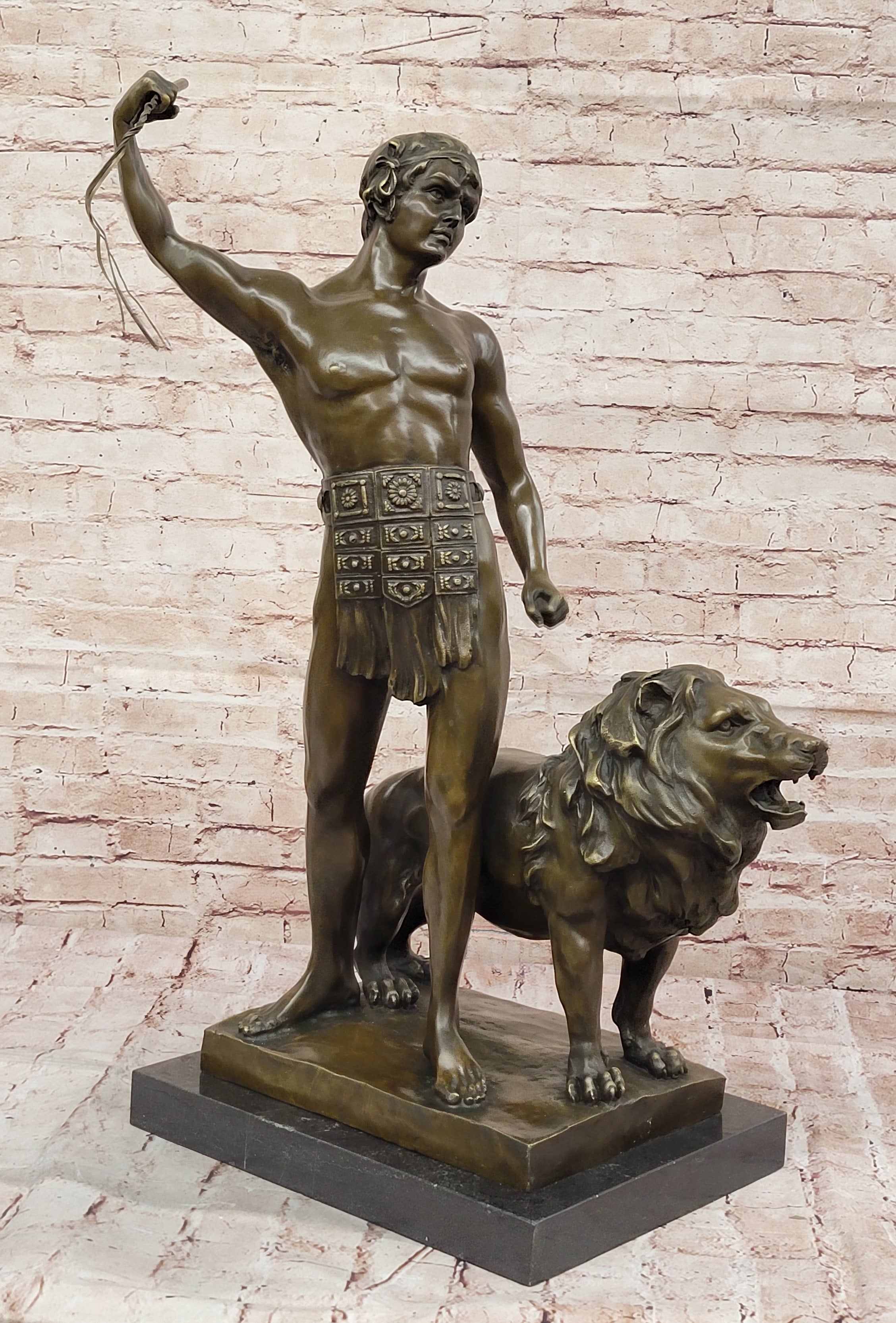 Bronze Gladiator with Lion - Roman Warrior on Base