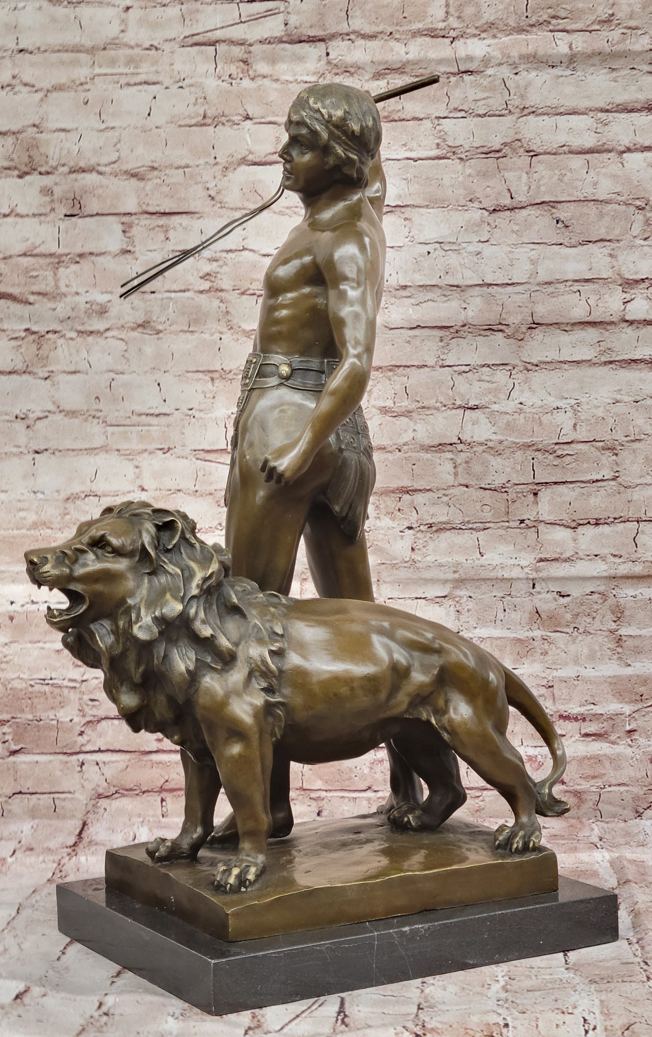 Bronze Gladiator with Lion - Roman Warrior on Base