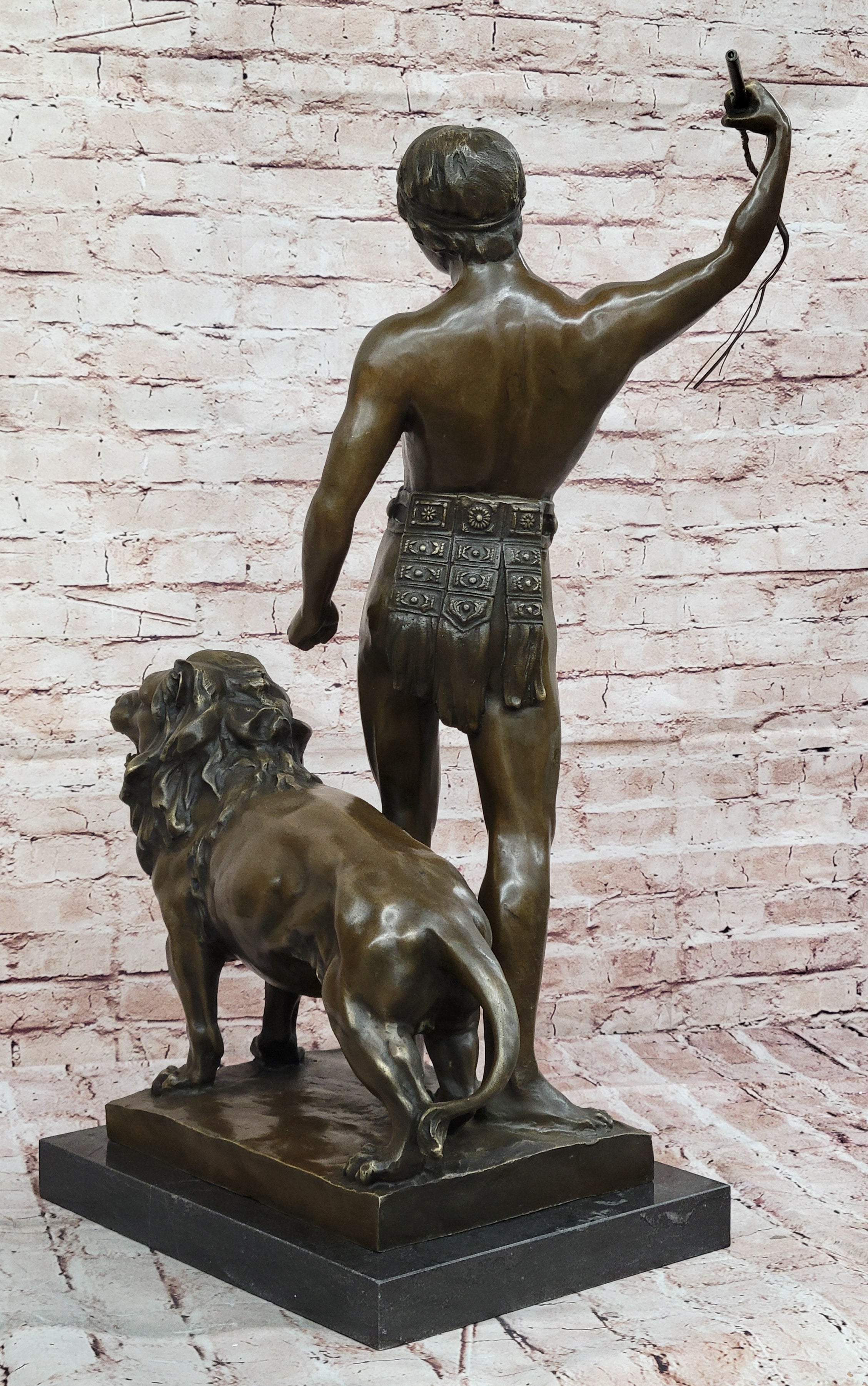 Bronze Gladiator with Lion - Roman Warrior on Base
