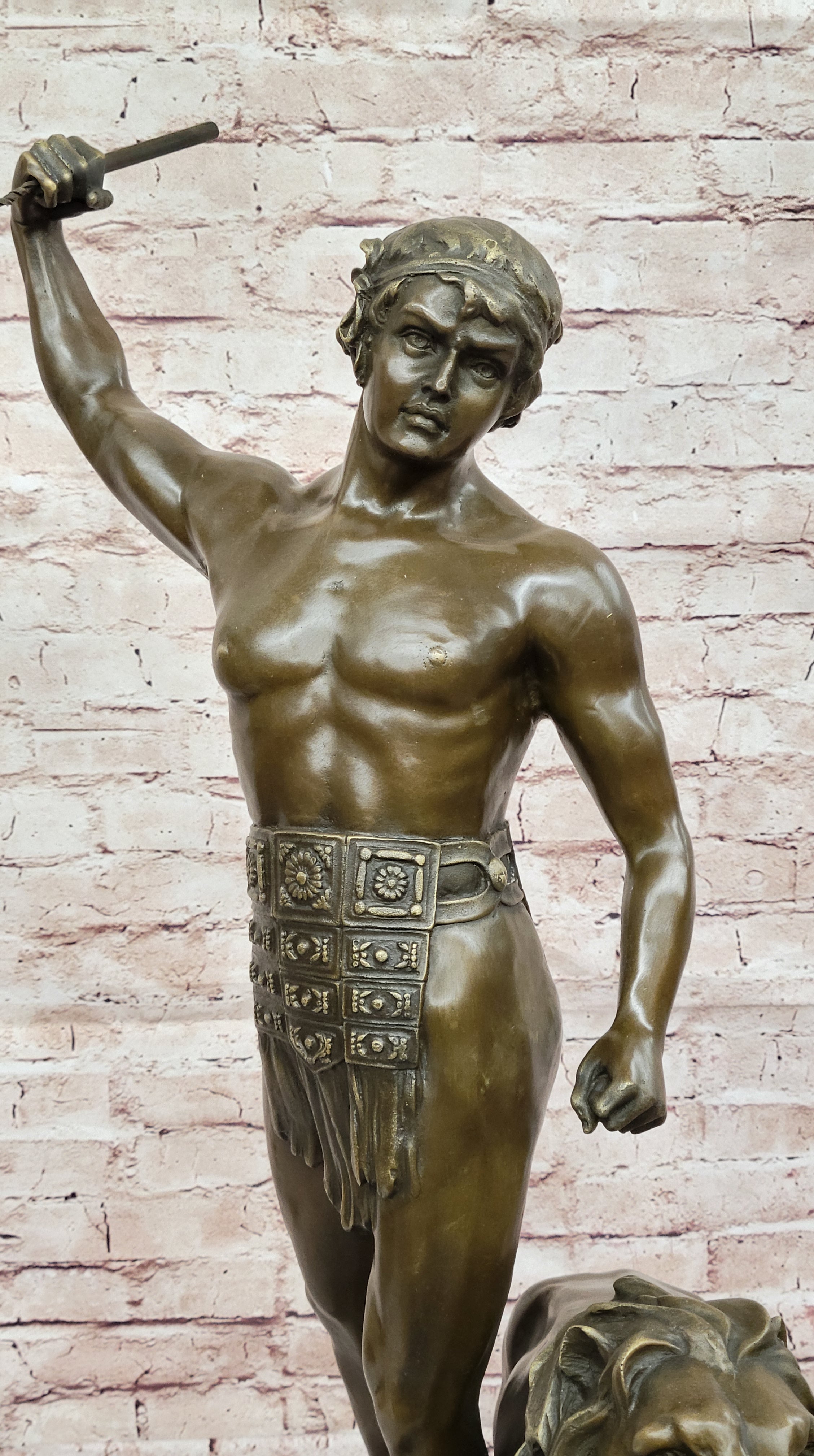 Bronze Gladiator with Lion - Roman Warrior on Base