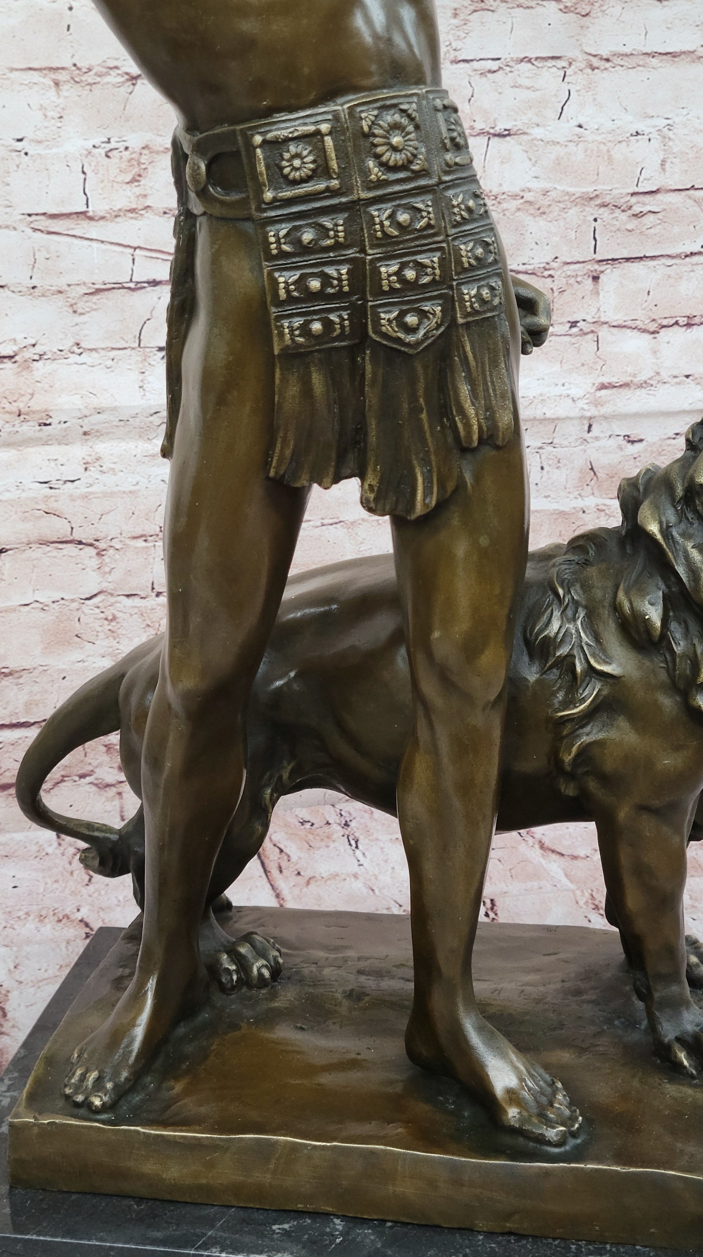 Bronze Gladiator with Lion - Roman Warrior on Base