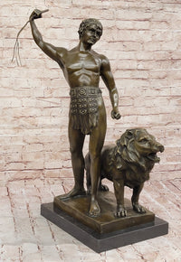 Bronze Gladiator with Lion - Roman Warrior on Base