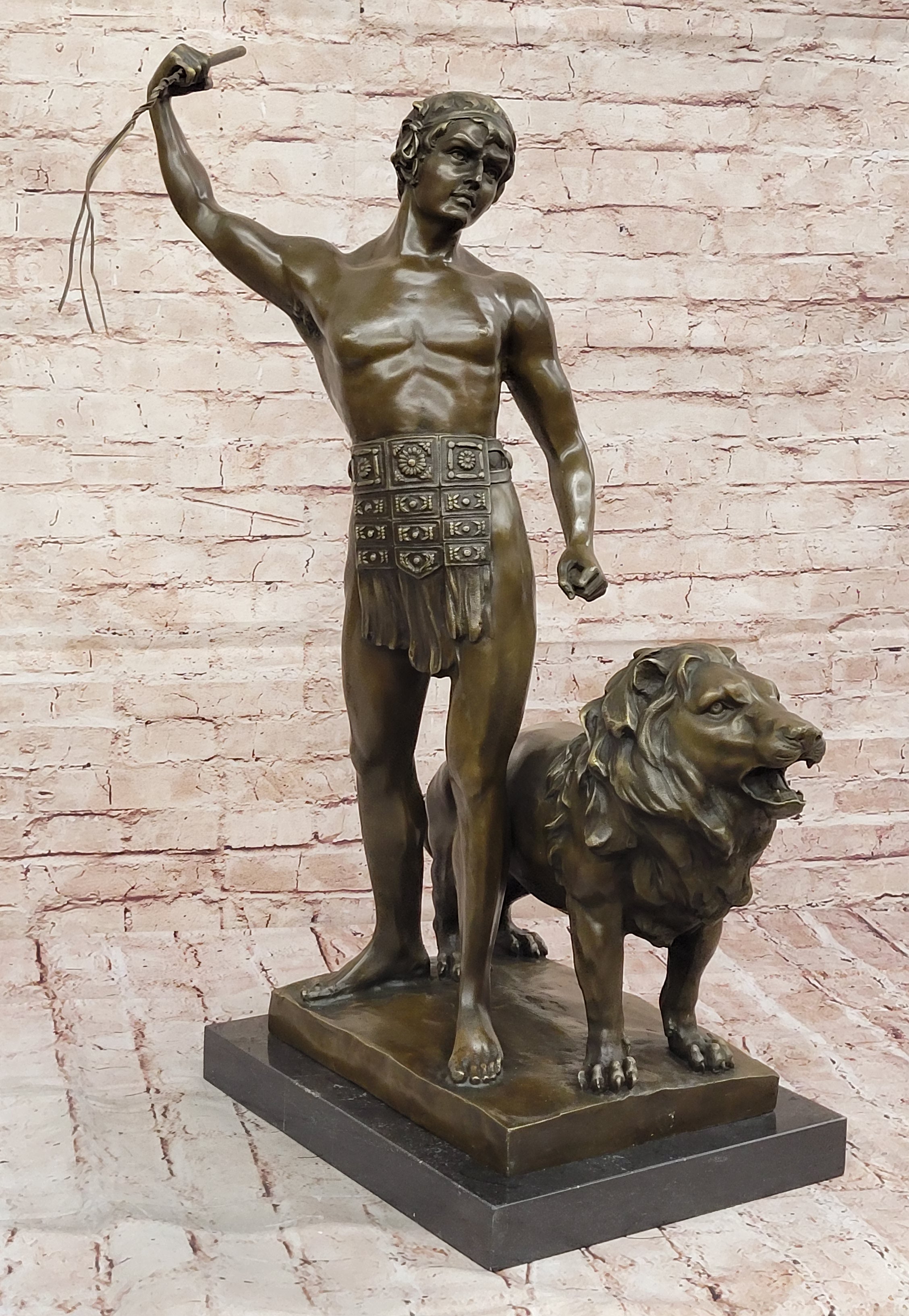 Bronze Gladiator with Lion - Roman Warrior on Base
