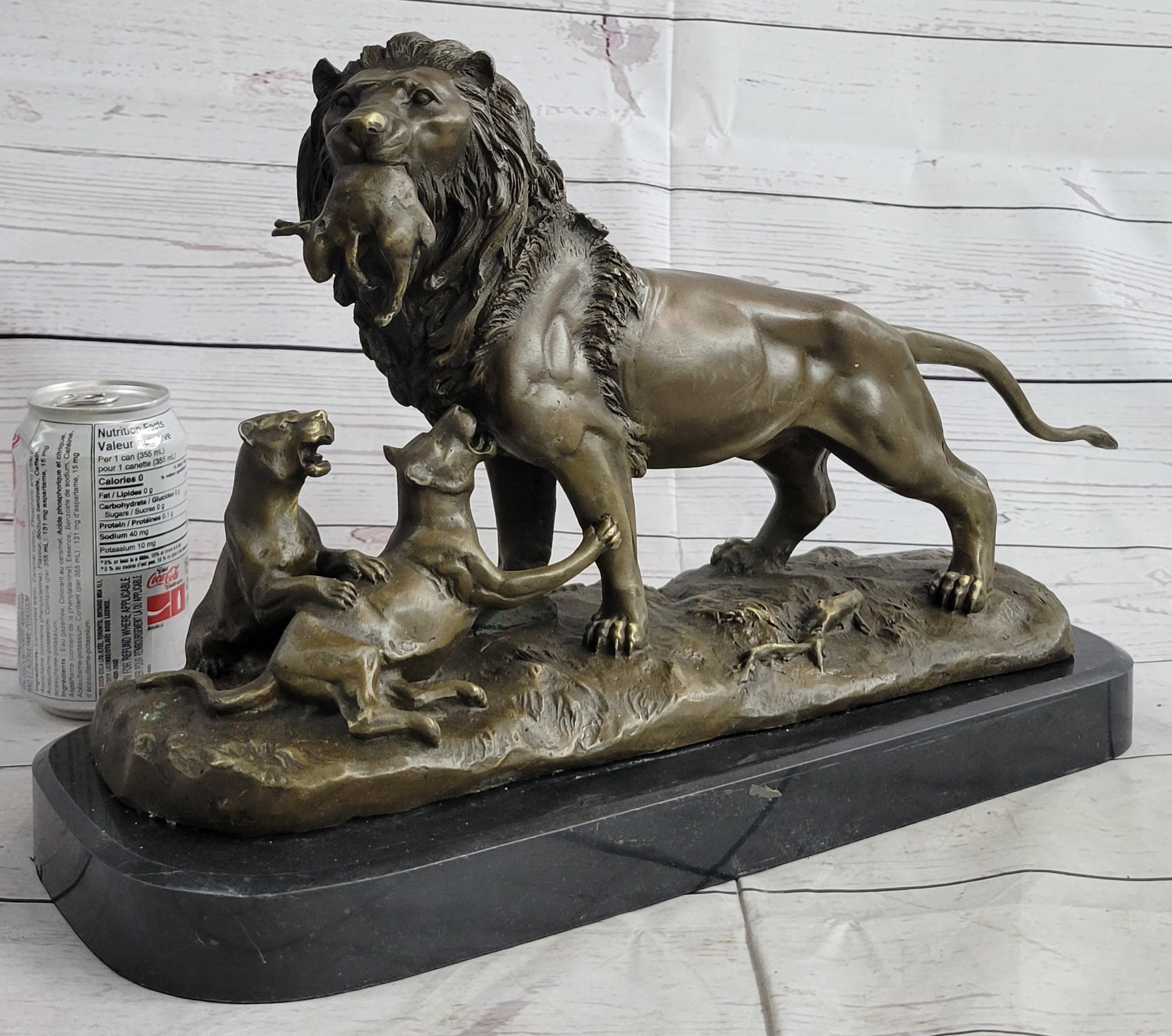 Signed Barye Male Lion With Cubs Bronze Sculpture