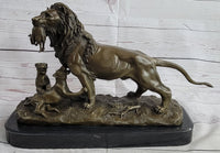 Signed Barye Male Lion With Cubs Bronze Sculpture