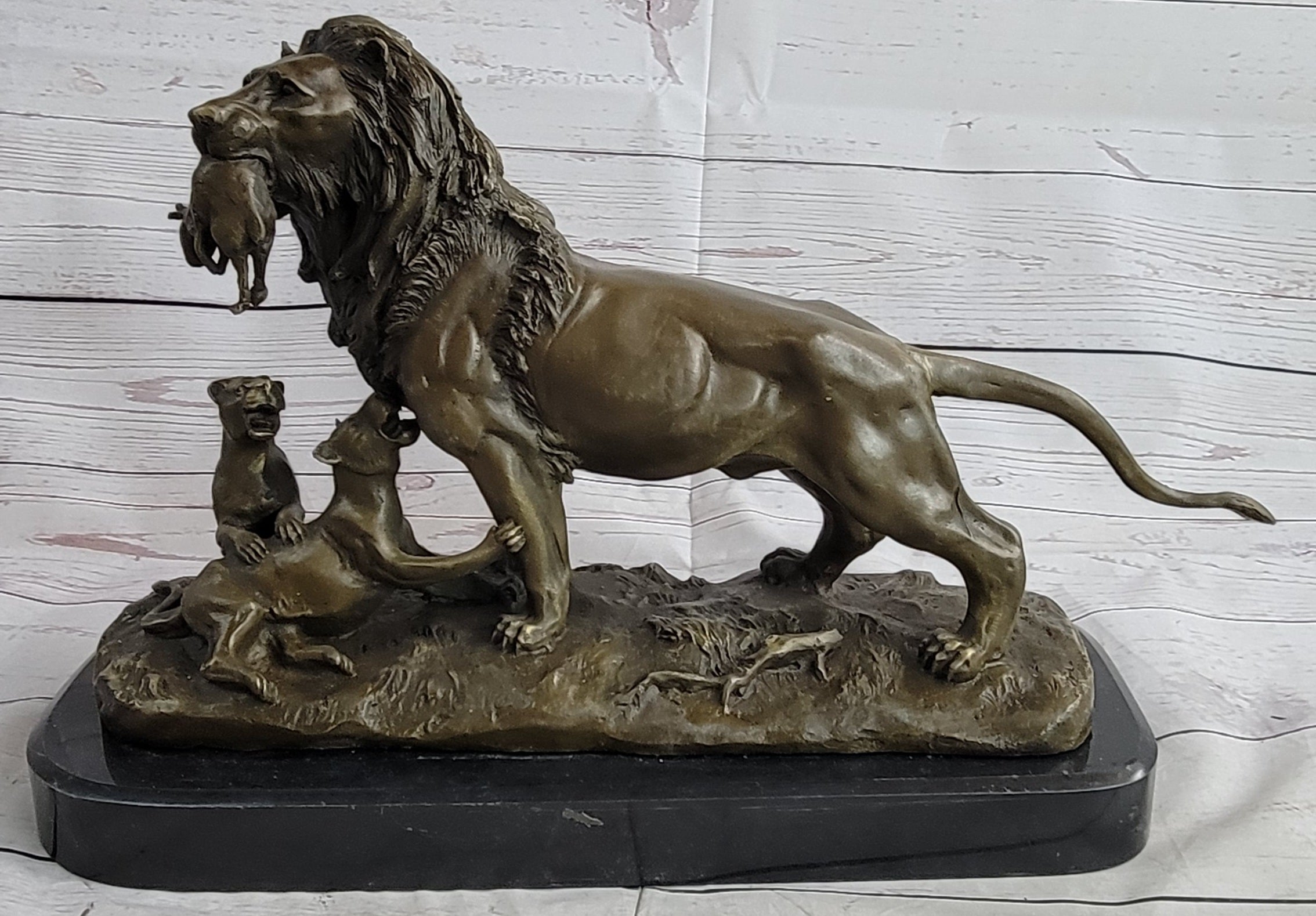 Signed Barye Male Lion With Cubs Bronze Sculpture