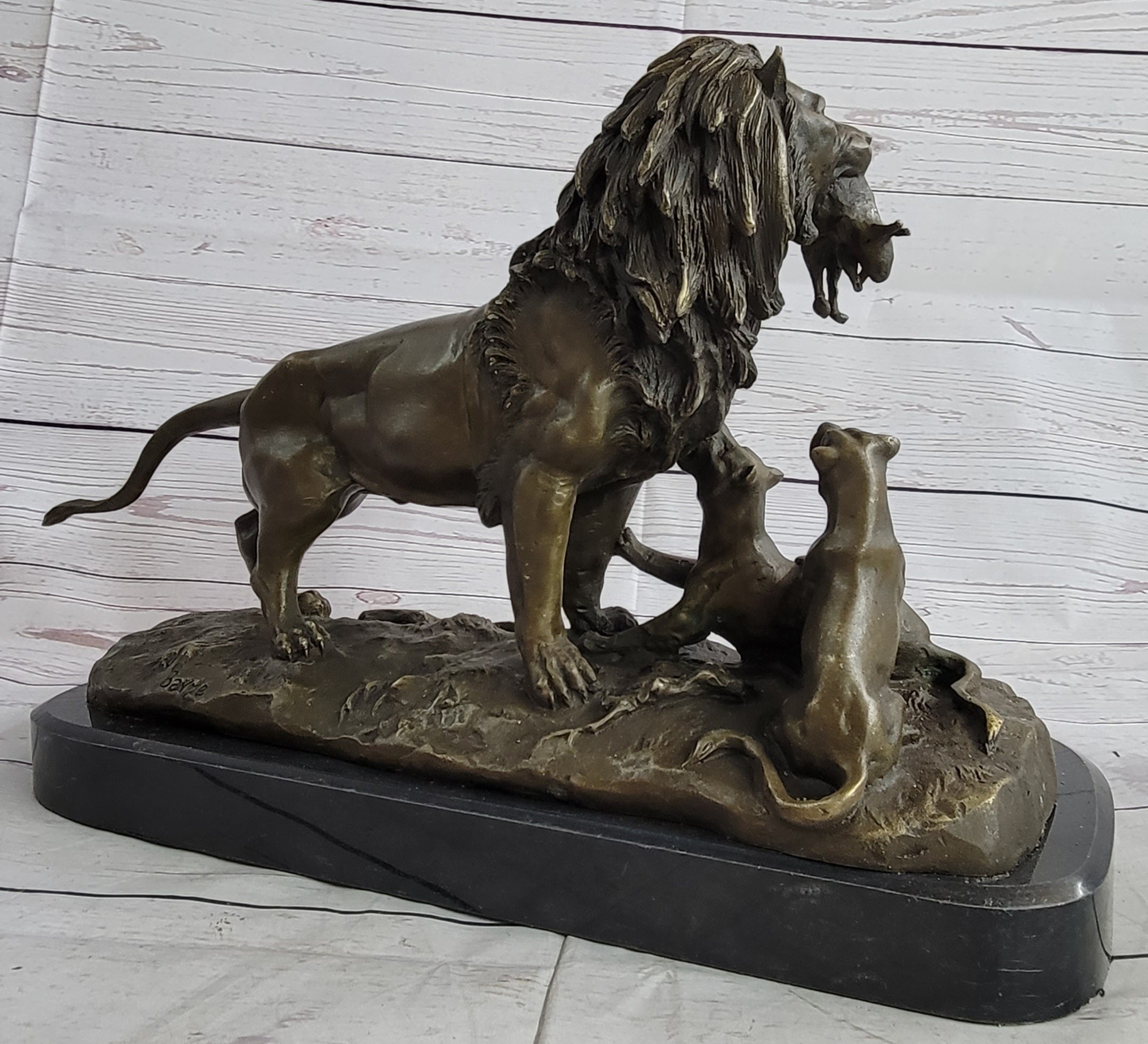 Signed Barye Male Lion With Cubs Bronze Sculpture