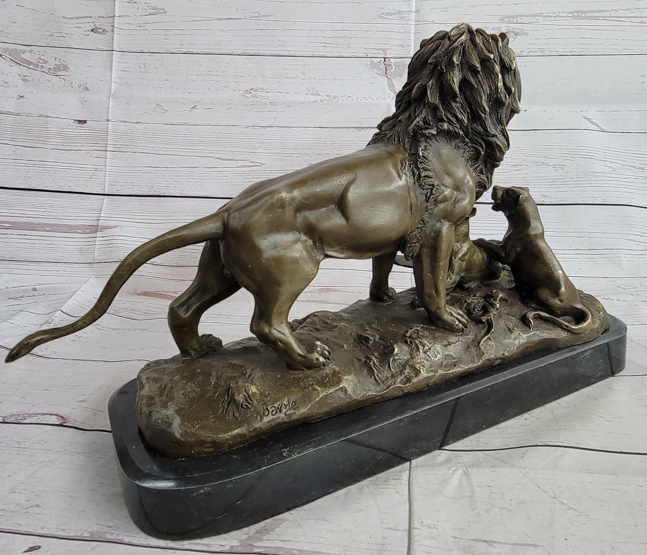Signed Barye Male Lion With Cubs Bronze Sculpture