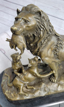 Signed Barye Male Lion With Cubs Bronze Sculpture