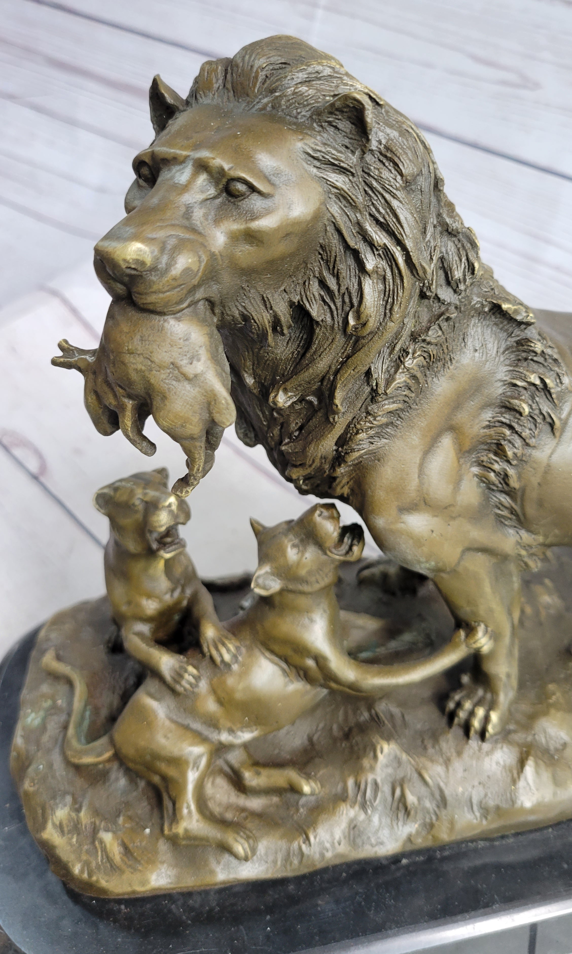 Signed Barye Male Lion With Cubs Bronze Sculpture