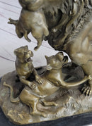 Signed Barye Male Lion With Cubs Bronze Sculpture