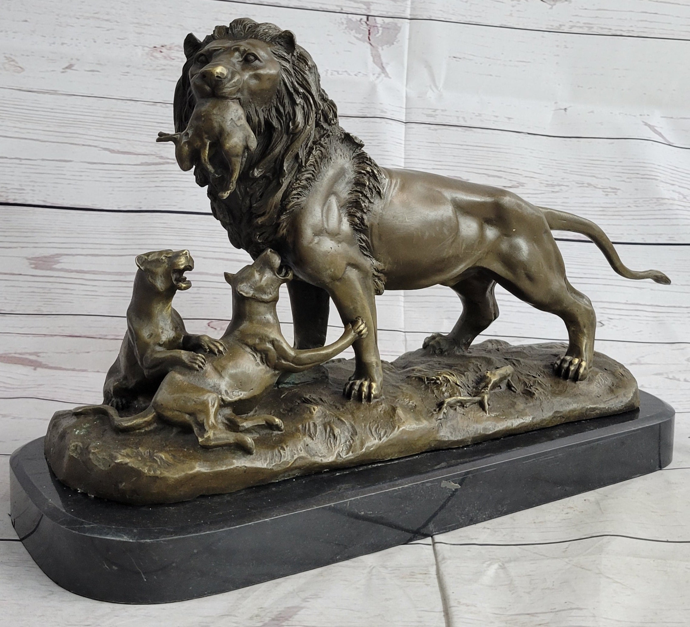 Signed Barye Male Lion With Cubs Bronze Sculpture