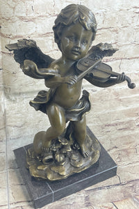 Cherub Child Angel Playing Violin Bronze Sculpture Marble Base