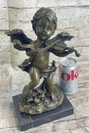 Cherub Child Angel Playing Violin Bronze Sculpture Marble Base