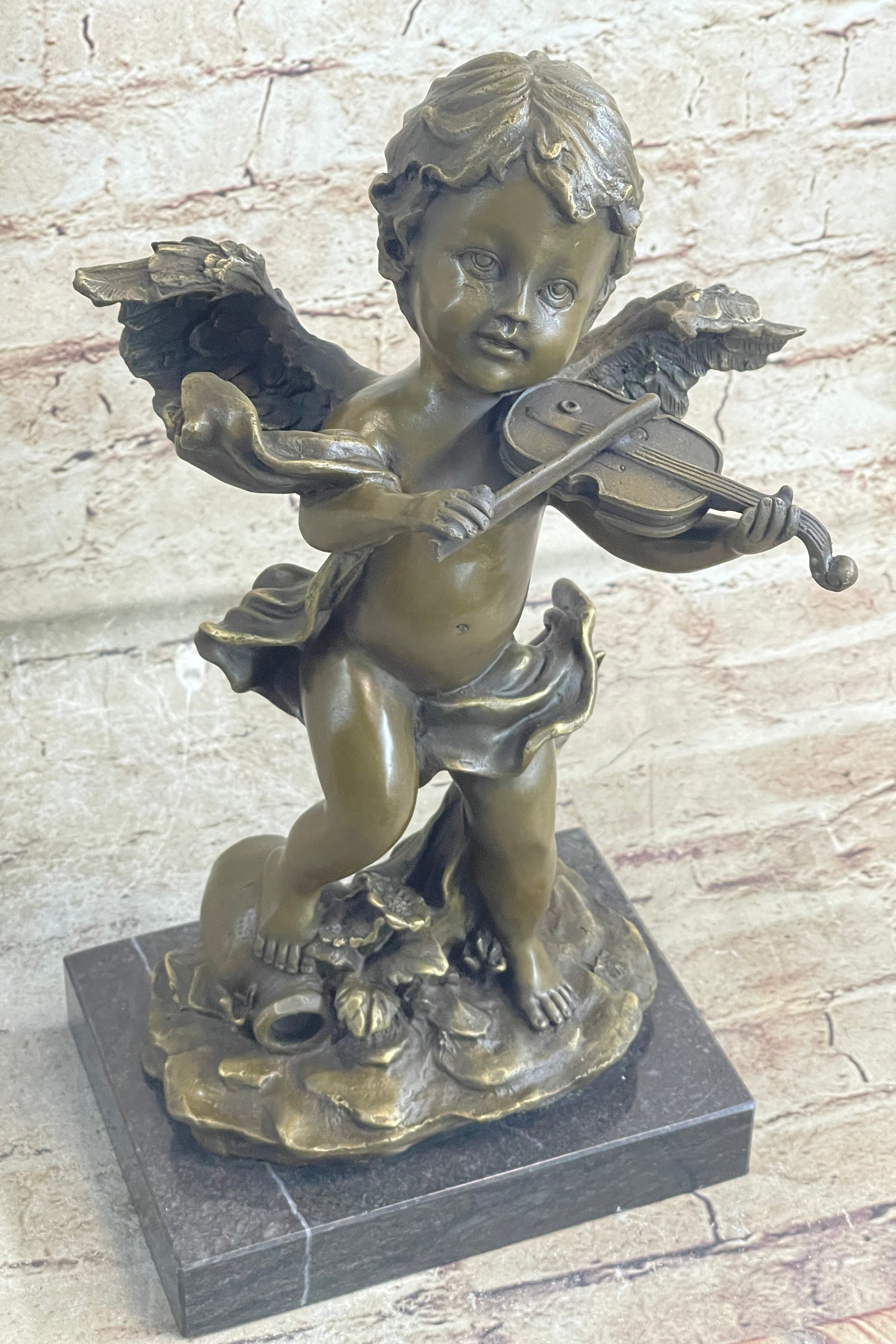 Cherub Child Angel Playing Violin Bronze Sculpture Marble Base